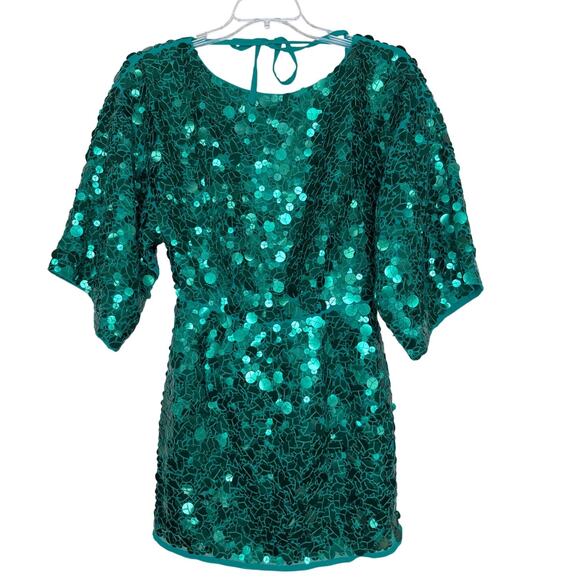 ASOS Emerald Green Sequin Dolman Sleeve Mini Dress NWT Size 4 Tie Back Open Back - Picture 1 of 9